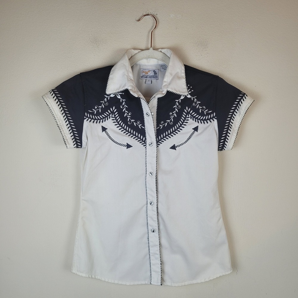 VTG Panhandle Slim Shirt Sml Cream Black Embroidered Pearl Snap Western Cowgirl